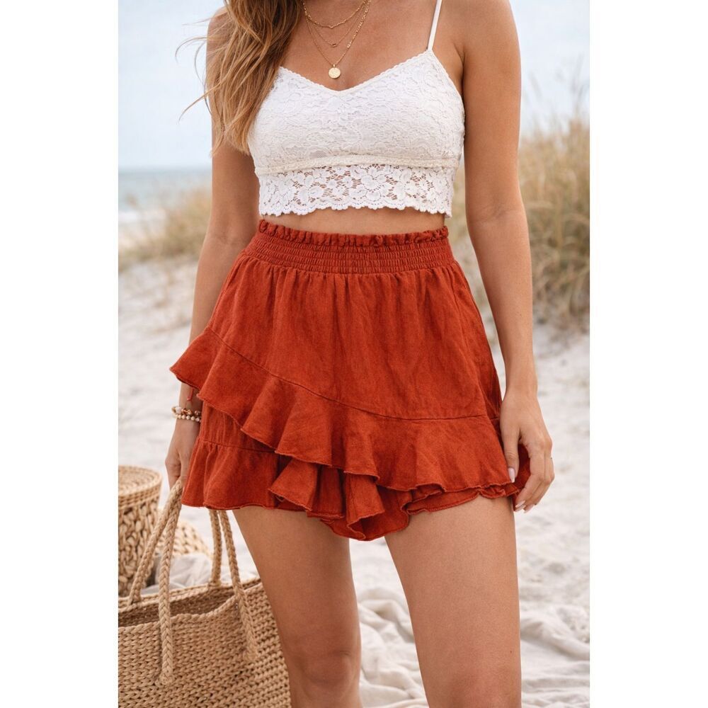 Liyo Hon Orange Ruffle Skort Elastic Waist Boho Mini Shorts Skirt L